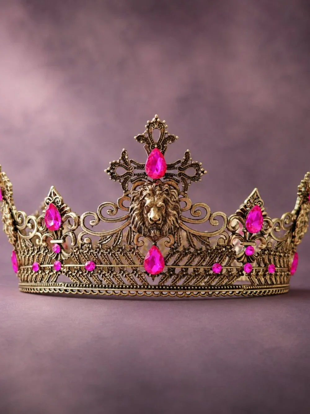 Vintage Style Gold Lion Crown with Hot Pink Crystals, Royal King Queen Headpiece
